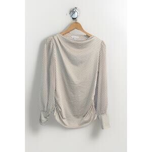 Chenault M Top Blouse Women's Neck Geometric Brown Cream Long Sleeve